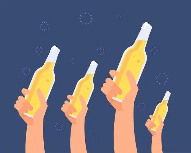 Vector illustration of Hands with beer bottles. Excited girls and men toasting beer. Hanging out friends vector concept