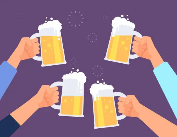 Vector illustration of Hands holding beer glasses. Cheerful people clinking. Mates drinking beer in bar. Vector background
