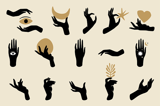 Black hands silhouettes with spiritual symbols such as crescent moon, heart, star, eye, branch, and sun. Black female mystical concept.