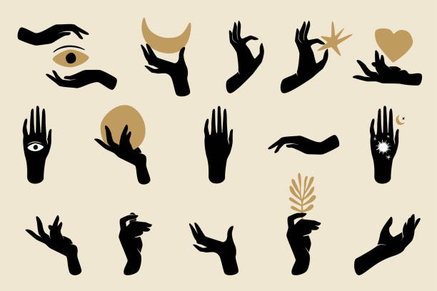 Black Hands Silhouettes Black hands silhouettes with spiritual symbols such as crescent moon, heart, star, eye, branch, and sun. Black female mystical concept. gold or aquarius or symbol or fortune or year stock illustrations