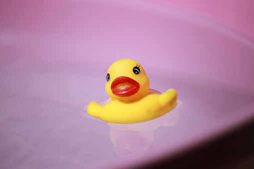 Yellow squeaky ducky in the pool, Selective focus