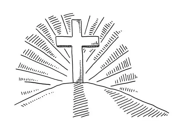 Vector illustration of Christianity Cross Symbol On Hill Drawing