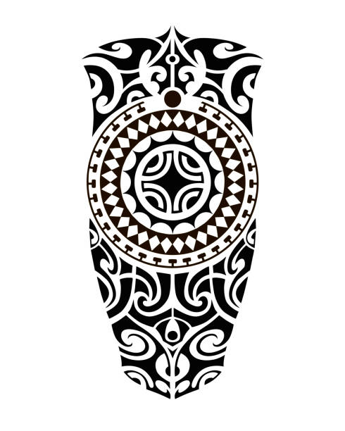 Tattoo sketch maori style for leg or shoulder Tattoo sketch maori style for leg or shoulder with traditional sun symbol swastika polynesian leg tattoos stock illustrations