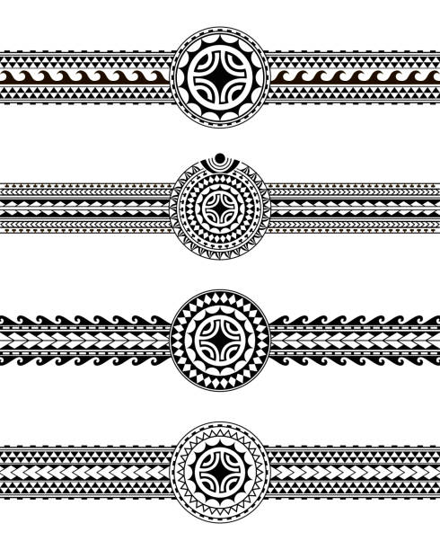 zestaw maoryskiego polinezyjskiego tatuażu granicy plemiennej wektor rękawa. samoański bransoletka tatuaż projekt uzbroić ramię lub stopę. - swastyka hinduska stock illustrations