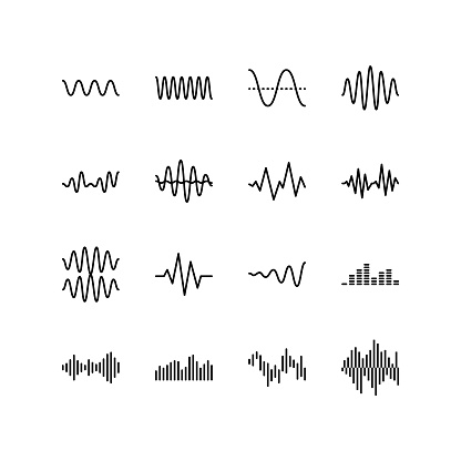 Sound and radio waves flat line icons set. Monochrome simple sound wave on white background. Editable Strokes.