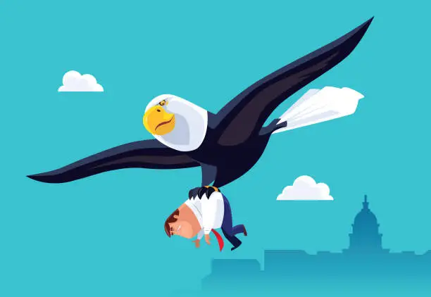 Vector illustration of bald eagle catching businessman