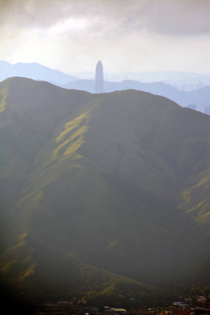 Panorama from Tai Mo Shan, the highest peak in Hong Kong, with an elevation of 957 metres. It is located at approximately the geographical centre of the New Territories.