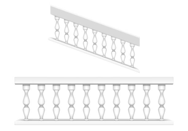 White marble balustrade for balcony and stairs White marble balustrade for balcony, porch or garden and handrail for staircase in classic roman style. Vector realistic set of baroque stone railing, banister with pillars, antique fence with columns temple decor stock illustrations