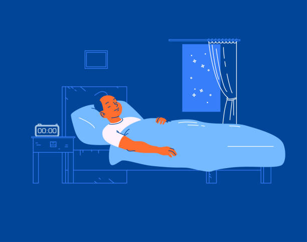 ilustrações de stock, clip art, desenhos animados e ícones de young man sleeping in cozy bed with alarm clock on on night table. - dormir ilustrações