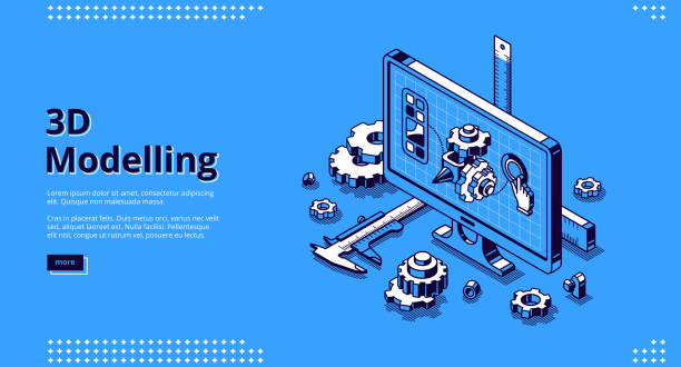 3d modelling isometric landing page, cad model 3d modelling isometric landing page. Cad engineer model project on computer desktop screen with construction supplies around. Software program for pc, technical blueprint, vector line art web banner construction machinery illustrations stock illustrations