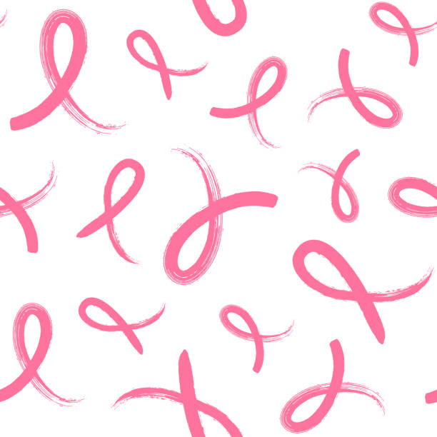 ilustraciones, imágenes clip art, dibujos animados e iconos de stock de patrón sin costuras con cinta rosa dibujada a mano. - cinta contra el cáncer de mama ilustraciones