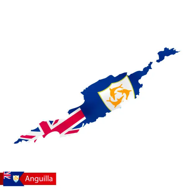 Vector illustration of Anguilla map with waving flag of country.