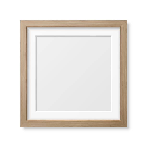 1189 Vector 3d Realistic Square Brown Wooden Simple Modern Frame Icon Closeup Isolated on White Wall Background with Window Light. It can be used for presentations. Design Template for Mockup, Front View picture frame stock illustrations