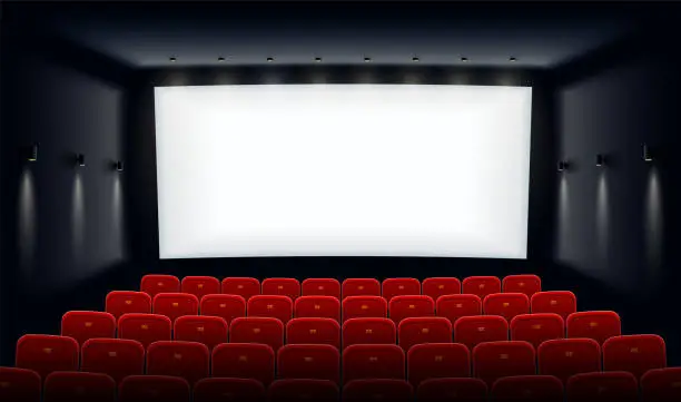 Empty movie theatre. Cinema hall with white screen and red chairs. Modern movies theater for festivals and films presentation. Interior design. Online cinema concept. Illustration.