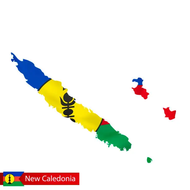 Vector illustration of New Caledonia map with waving flag of country.