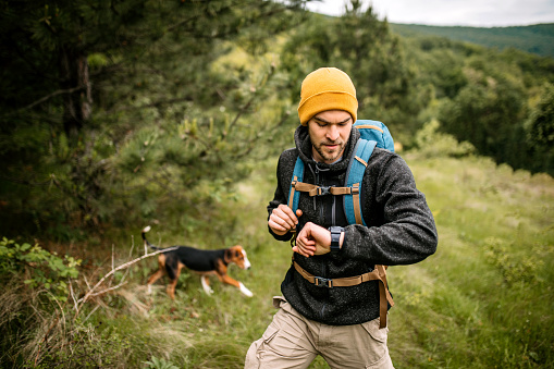 Young handsome man hiker with yellow cap and backpack walking through pine tree forest, checking time on his watch