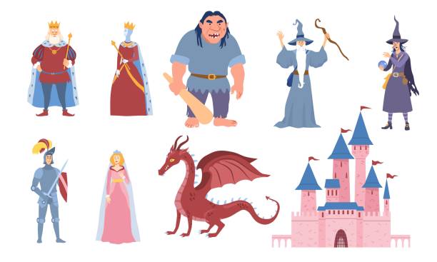 동화를위한 여덟 문자의 세트 - castle dragon magic fairy stock illustrations