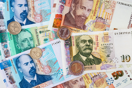 Money of Bulgaria. Bulgarian banknotes and coins background