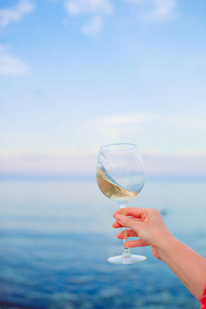 istock Glass of white wine on tropical beach 1262296436