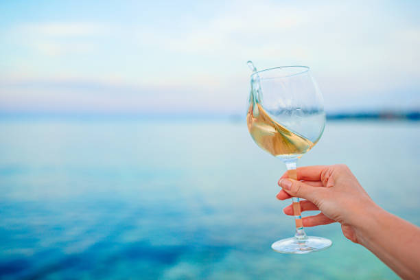 istock Glass of white wine on tropical beach 1262296473