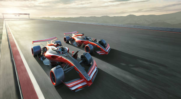 istock Two Generic Racing Cars Driving Close Together At High Speed 1262297096
