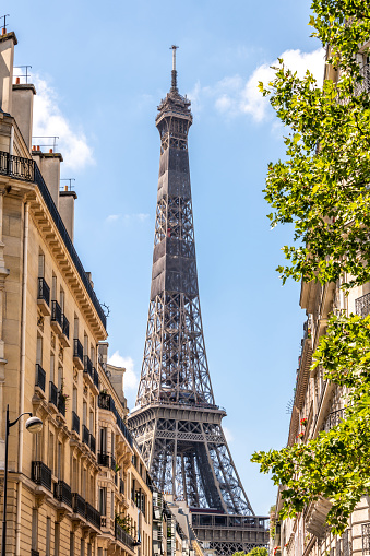 PARIS, FRANCE - MARCH 28, 2018: beautiful view from the streets of Paris and the eiffel tower in the background