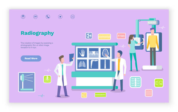 ilustraciones, imágenes clip art, dibujos animados e iconos de stock de médicos de radiografía en laboratorio con radiografías de tc - mri scanner cat scan mri scan cartoon