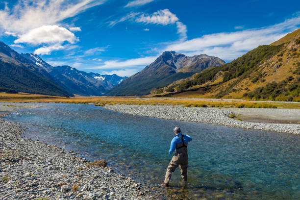 A fly fisherman casting on a beautiful mountain stream in New Zealand A fly fisherman casting on a beautiful mountain stream in New Zealand's South Island, Ahuriri River, Omarama omarama stock pictures, royalty-free photos & images