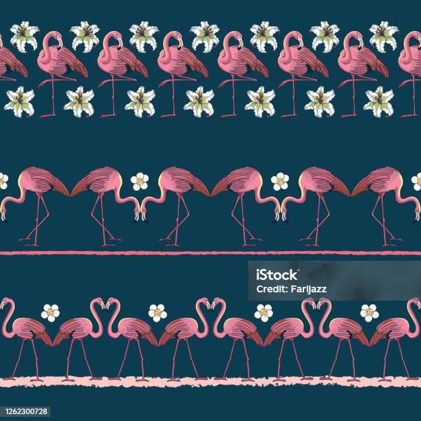 Flamingo Border Vector Tropical Flamingo Vector Seamless Horizontal Borders Set Stock ...