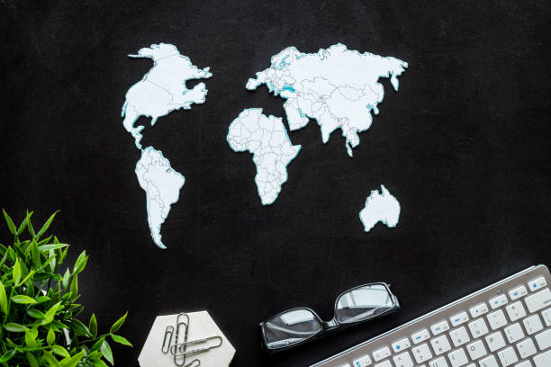 istock Globalization marketing, social media concept. Workplace flat lay 1262300958
