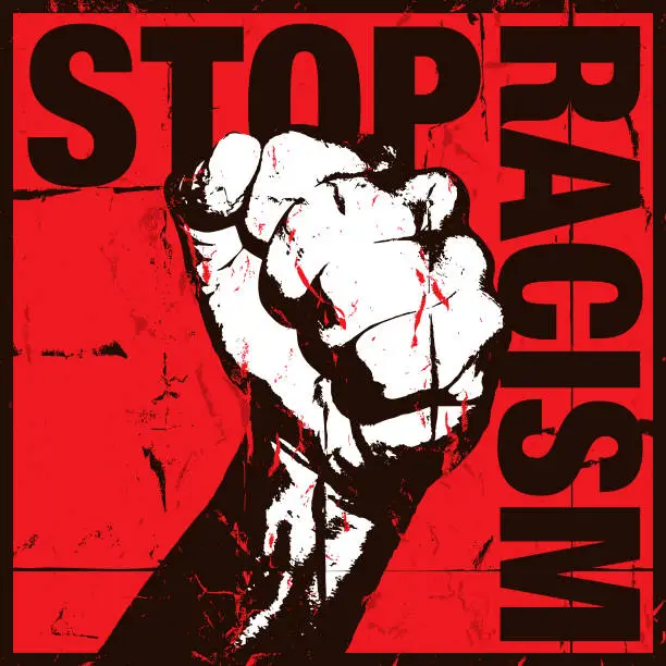 Vector illustration of Stop Racism Concept with Grunge Fist on Red Background