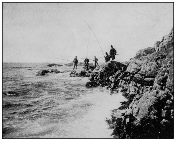 Antique black and white photo: New England coast Antique black and white photo: New England coast fishing rod photos stock illustrations