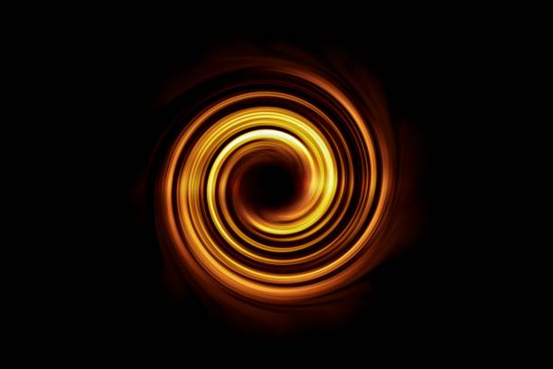 검은 색 배경에 주황색 안개가 있는 빛나는 나선형 터널 - black gold abstract spiral 뉴스 사진 이미지