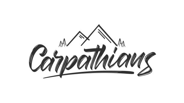 Vector Handwritten calligraphy lettering of Carpathians. Mountains badge with peaks and trees. Vector illustration: Handwritten calligraphy lettering of Carpathians. Mountains badge with peaks and trees. tatra mountains stock illustrations