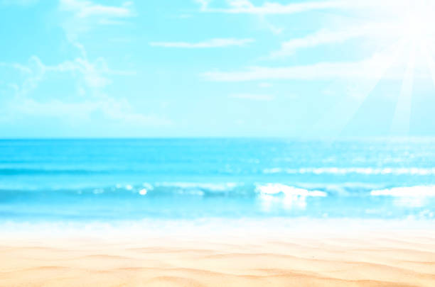 istock Copy space blur tropical beach with bokeh sun light wave on blue sky and white cloud abstract background. 1262306159