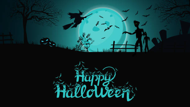 istock Halloween background, template for your creativity with night landscape with big blue full moon, zombie, witches and pumpkins. Template with space for text 1262306267