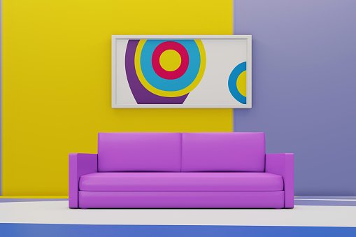 Interior concept of memphis design colorful, Armchair with console and prop. 3d render