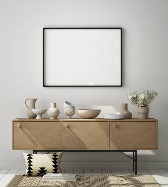 istock mock up poster frame in modern interior background, scandinavian style, 3D render 1262306788