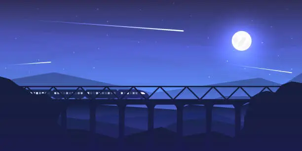 Vector illustration of The train goes by the bridge. Vector illustration. Landscape in a flat style.