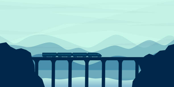 ilustrações de stock, clip art, desenhos animados e ícones de the train goes by the bridge. vector illustration. landscape in a flat style. canyon - train steam train sun vector