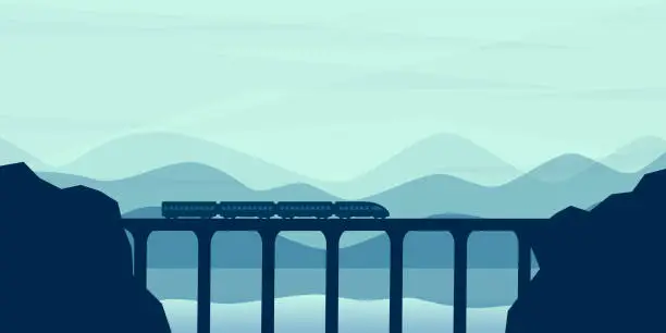 Vector illustration of The train goes by the bridge. Vector illustration. Landscape in a flat style. Canyon