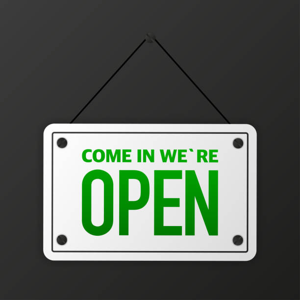 istock Sign on door store with come in we are open. Business open or closed black banner. Vector. 1262310749