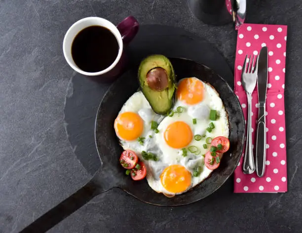 Low Carb High Fat - ketogenic Breakfast with fried eggs (sunny side up) an a half of a avocado. Served in a black iron pan on a dark table with a cup of coffee