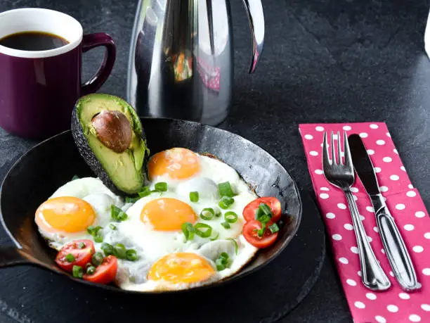 Low Carb High Fat - ketogenic Breakfast with fried eggs (sunny side up) an a half of a avocado. Served in a black iron pan on a dark table with a cup of coffee