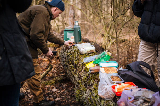 Tourist picnic on the tree trunk with different snacks and tea