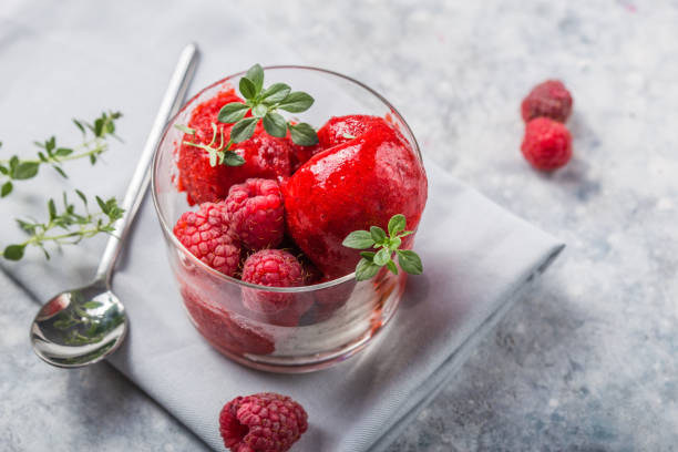 istock Summer raspberry sorbet with fresh raspberries, selective focus image 1262315494