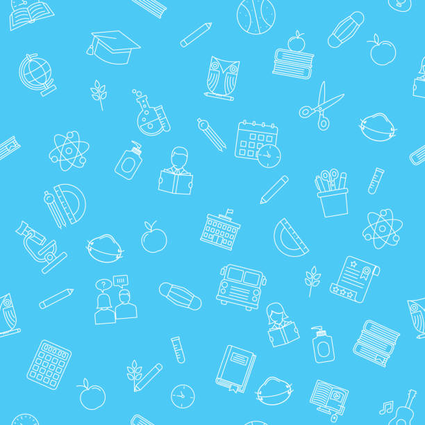 Back To School Seamless Pattern Back To School Supplies background of icons. Lots of elements including books, bus, apple, n95 masks etc. Created in CMYK. Flat colors school cleaning stock illustrations