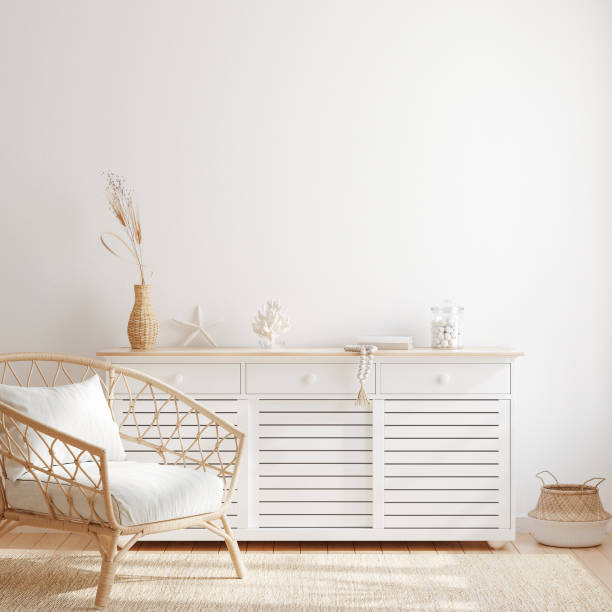 istock Scandi-Boho style living room interior, wall mockup 1262317141