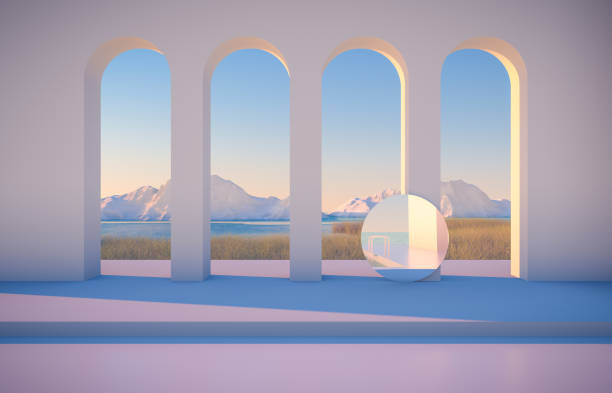 istock Abstract winter scene with geometrical forms, arch with a podium in lake view. 1262317256