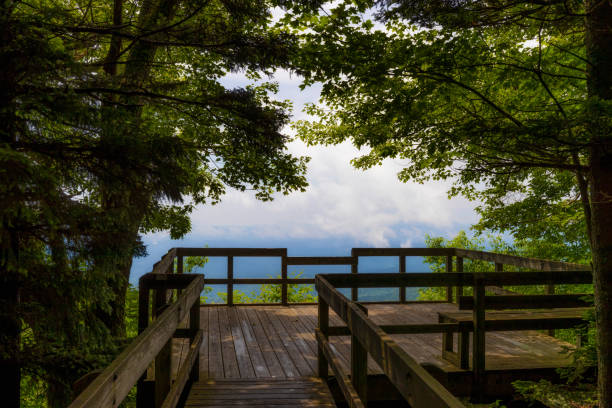 View of an overlook platform at Grayson Highlands State Park in Virginia, USA